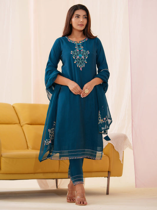 Roman Silk Teal Color Ethnic Motifs Embroidered Kurta With Trousers & Dupatta - Buy Best Ethnic Wear for Women & Girls | Daily Woman - 
