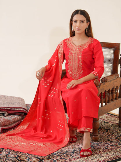 Roman Silk Woven Design Kurta With Trousers & Dupatta - Buy Best Ethnic Wear for Women & Girls | Daily Woman - 