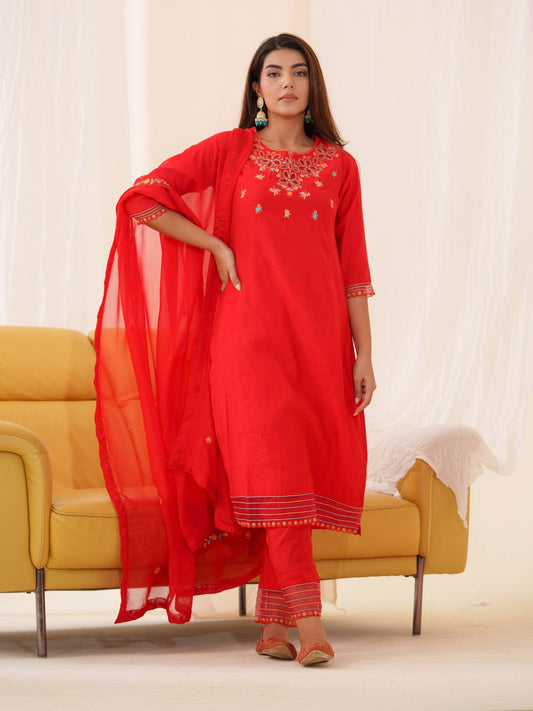 Roman silk  Red Color Ethnic Motifs Embroidered Kurta With Trousers & Dupatta - Buy Best Ethnic Wear for Women & Girls | Daily Woman - 
