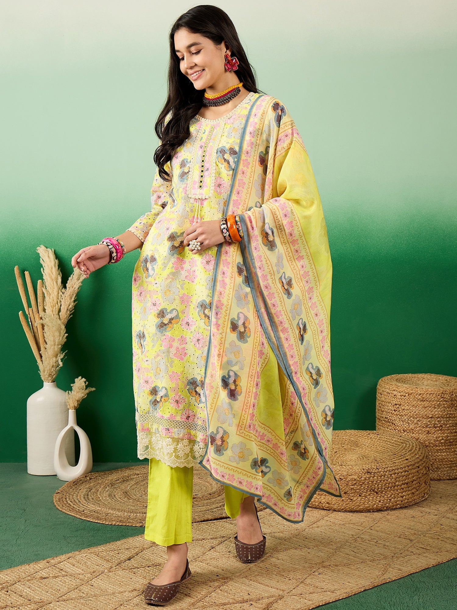 Schiffli Round Neck Embroidered Cotton Straight Kurta With Trousers & Dupatta - Buy Best Ethnic Wear for Women & Girls | Daily Woman - 