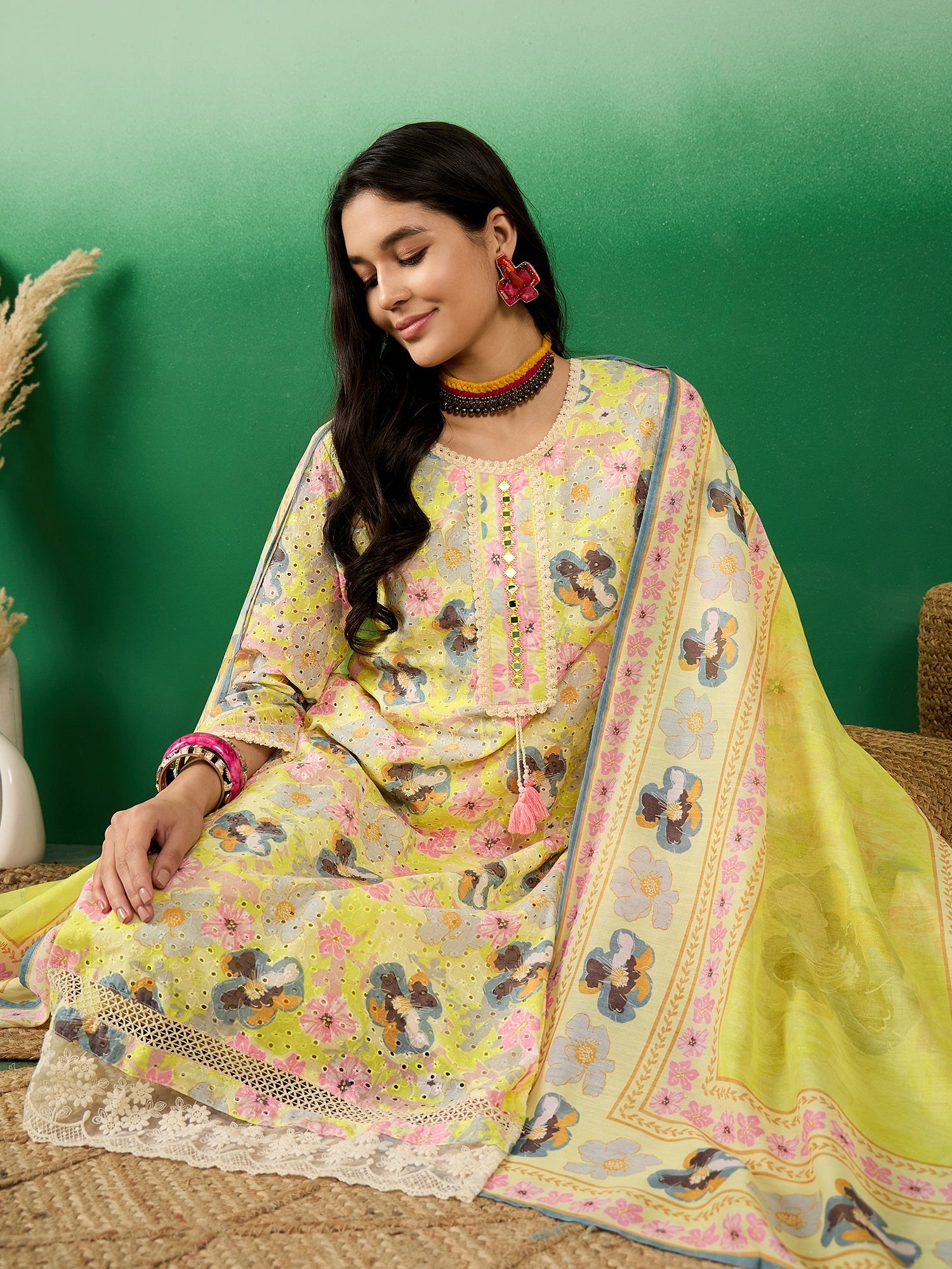Schiffli Round Neck Embroidered Cotton Straight Kurta With Trousers & Dupatta - Buy Best Ethnic Wear for Women & Girls | Daily Woman - 