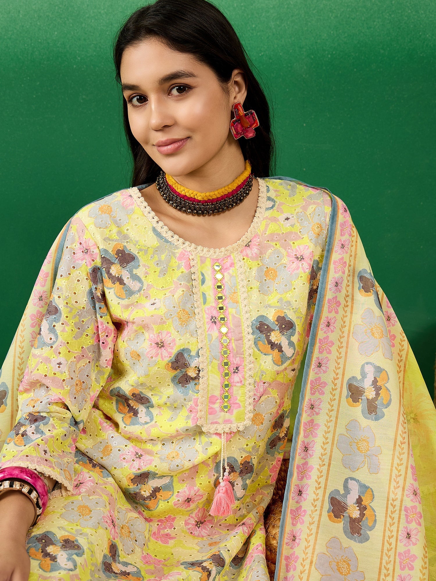 Schiffli Round Neck Embroidered Cotton Straight Kurta With Trousers & Dupatta - Buy Best Ethnic Wear for Women & Girls | Daily Woman - 
