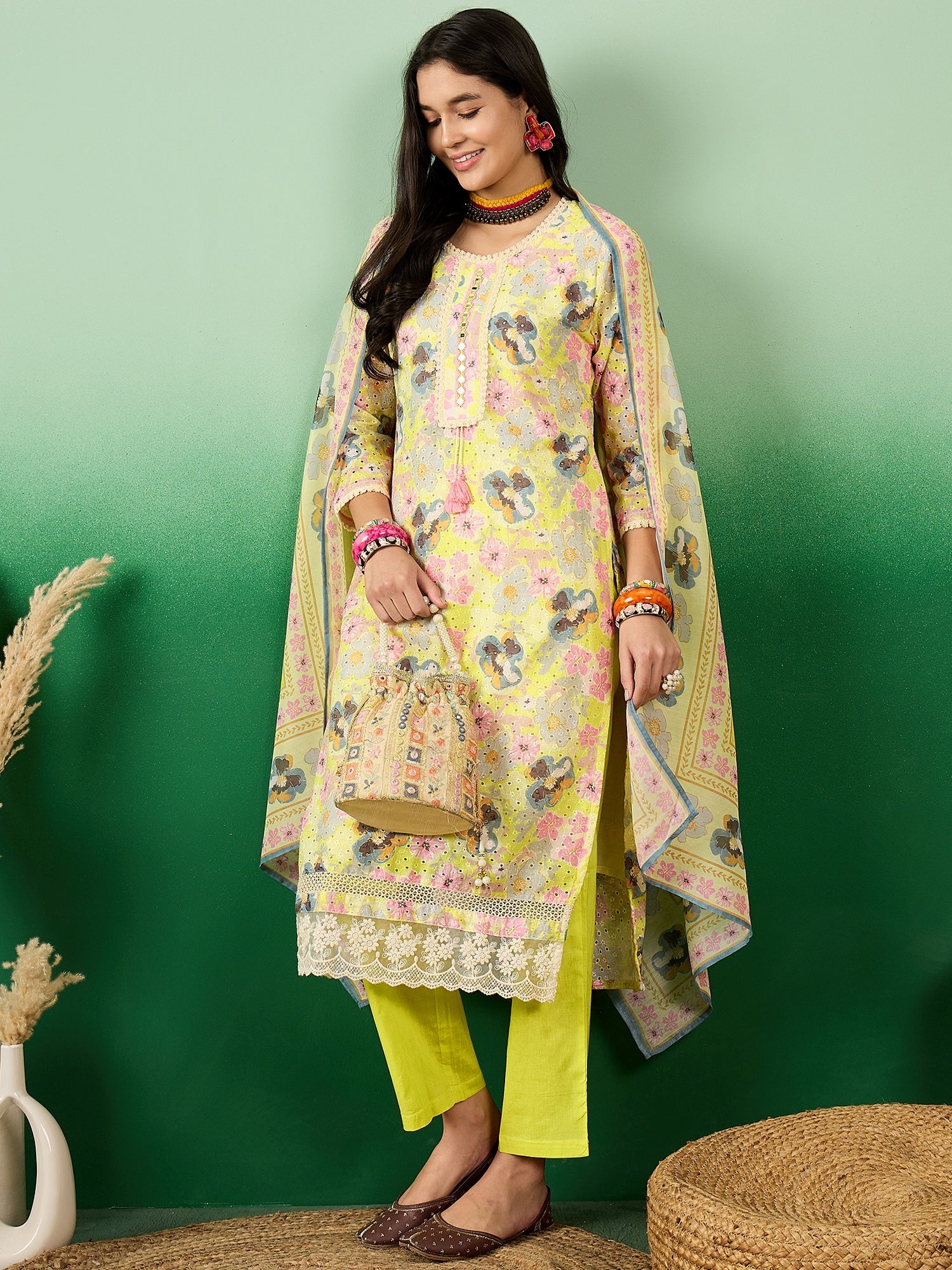 Schiffli Round Neck Embroidered Cotton Straight Kurta With Trousers & Dupatta - Buy Best Ethnic Wear for Women & Girls | Daily Woman - 
