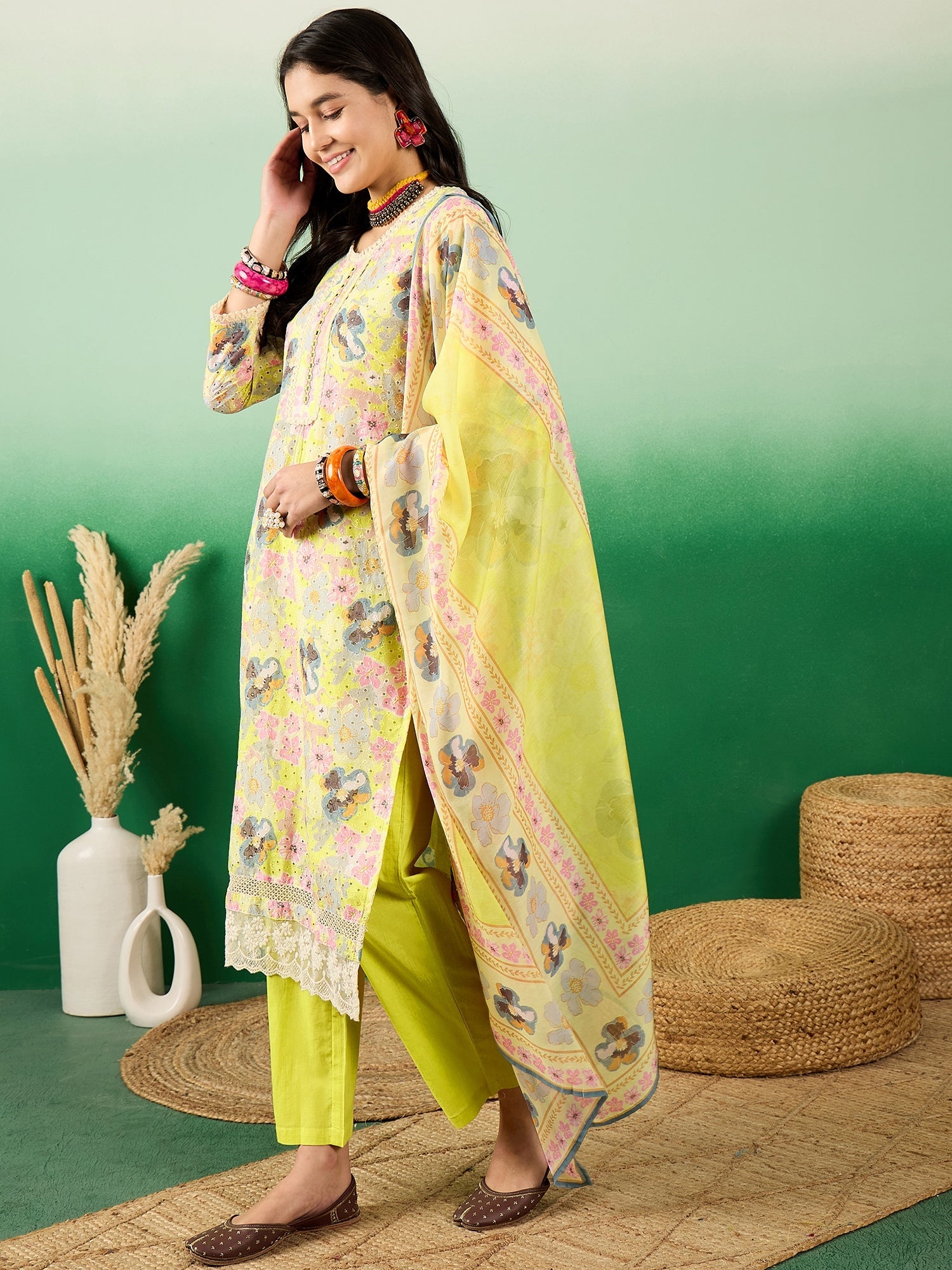 Schiffli Round Neck Embroidered Cotton Straight Kurta With Trousers & Dupatta - Buy Best Ethnic Wear for Women & Girls | Daily Woman - 