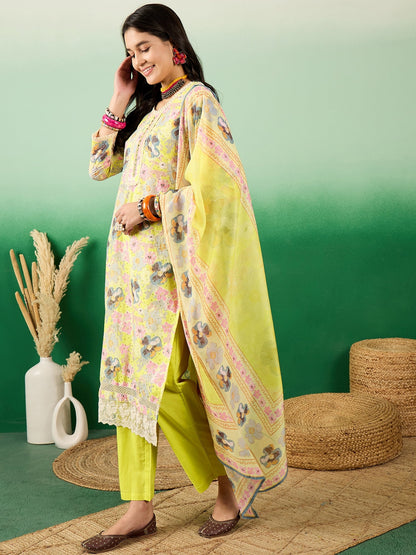 Schiffli Round Neck Embroidered Cotton Straight Kurta With Trousers & Dupatta - Buy Best Ethnic Wear for Women & Girls | Daily Woman - 