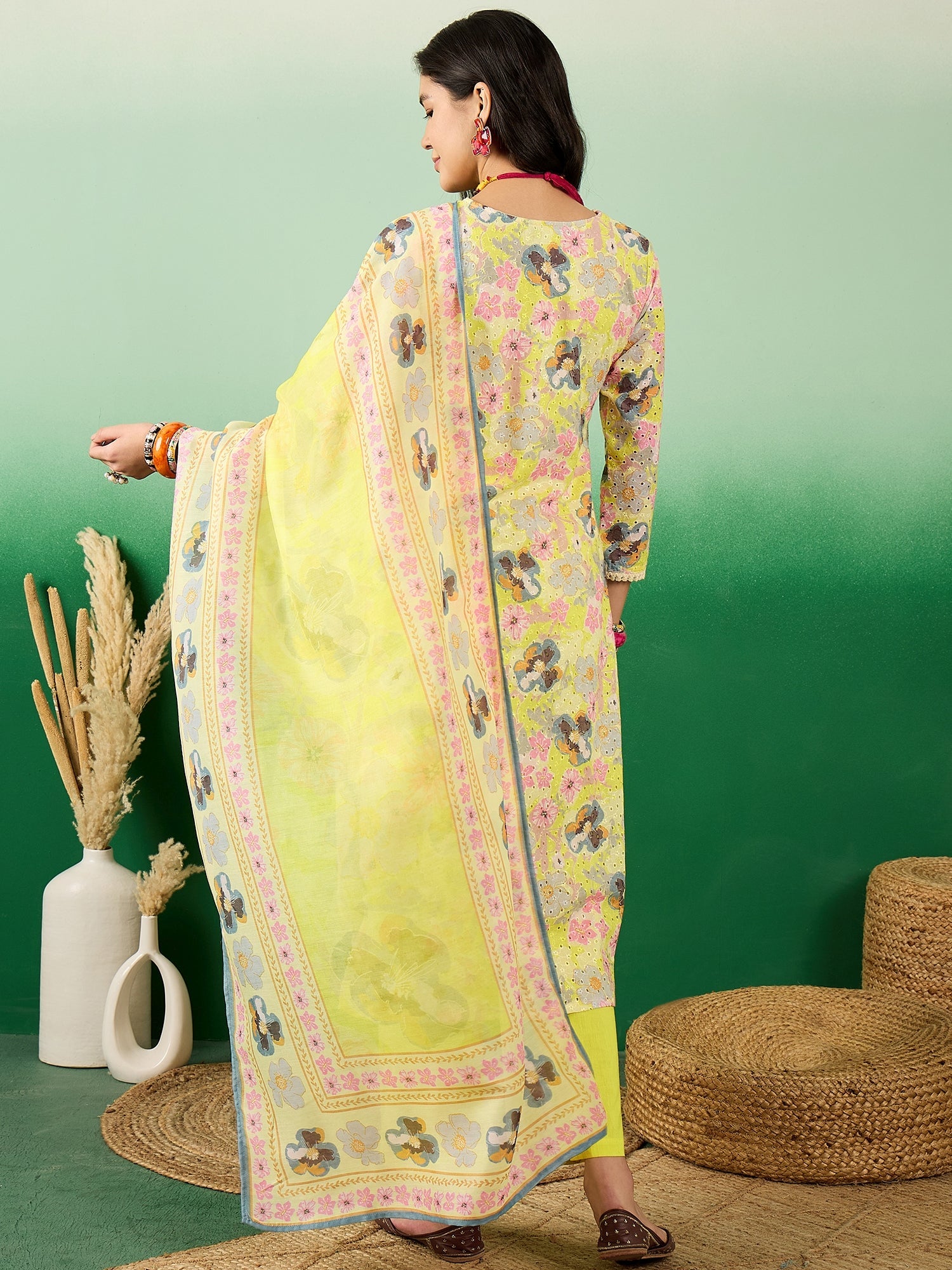 Schiffli Round Neck Embroidered Cotton Straight Kurta With Trousers & Dupatta - Buy Best Ethnic Wear for Women & Girls | Daily Woman - 