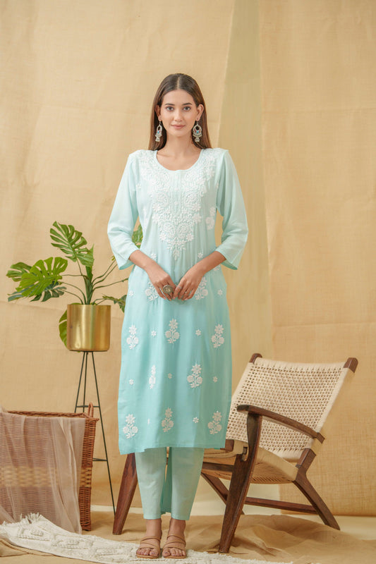 Sea-Blue Ethnic Motifs Embroidered Straight Calf Length Kurta - Buy Best Ethnic Wear for Women & Girls | Daily Woman - 