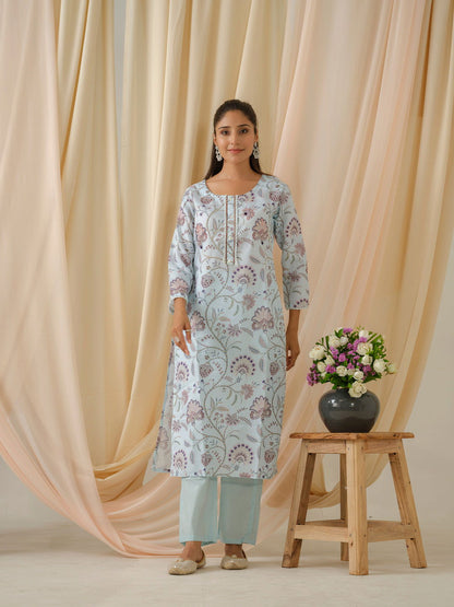 Sea Green & Purple Floral Printed Straight Kurta and Trousers With Dupatta - Buy Best Ethnic Wear for Women & Girls | Daily Woman - 