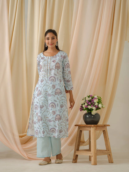 Sea Green & Purple Floral Printed Straight Kurta and Trousers With Dupatta - Buy Best Ethnic Wear for Women & Girls | Daily Woman - 