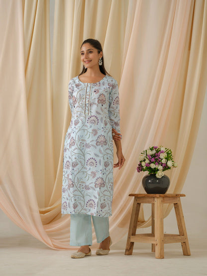 Sea Green & Purple Floral Printed Straight Kurta and Trousers With Dupatta - Buy Best Ethnic Wear for Women & Girls | Daily Woman - 