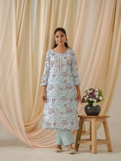 Sea Green & Purple Floral Printed Straight Kurta and Trousers With Dupatta - Buy Best Ethnic Wear for Women & Girls | Daily Woman - 