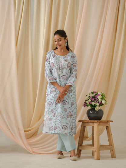 Sea Green & Purple Floral Printed Straight Kurta and Trousers With Dupatta - Buy Best Ethnic Wear for Women & Girls | Daily Woman - 