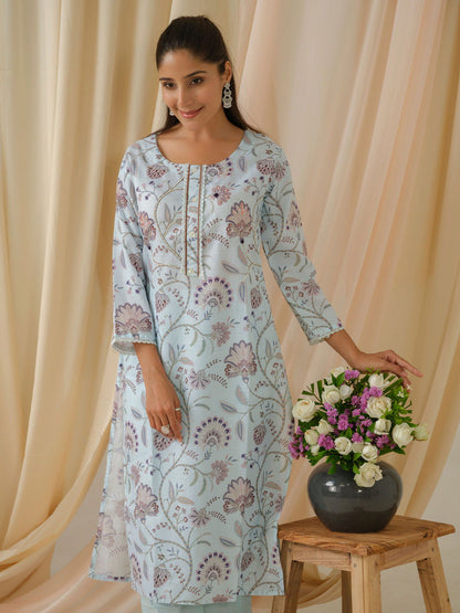 Sea Green & Purple Floral Printed Straight Kurta and Trousers With Dupatta - Buy Best Ethnic Wear for Women & Girls | Daily Woman - 