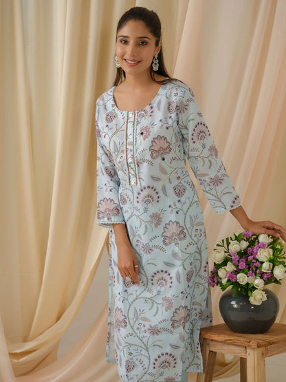 Sea Green & Purple Floral Printed Straight Kurta and Trousers With Dupatta - Buy Best Ethnic Wear for Women & Girls | Daily Woman - 