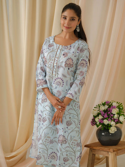 Sea Green & Purple Floral Printed Straight Kurta and Trousers With Dupatta - Buy Best Ethnic Wear for Women & Girls | Daily Woman - 