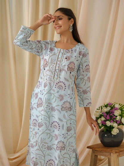 Sea Green & Purple Floral Printed Straight Kurta and Trousers With Dupatta - Buy Best Ethnic Wear for Women & Girls | Daily Woman - 