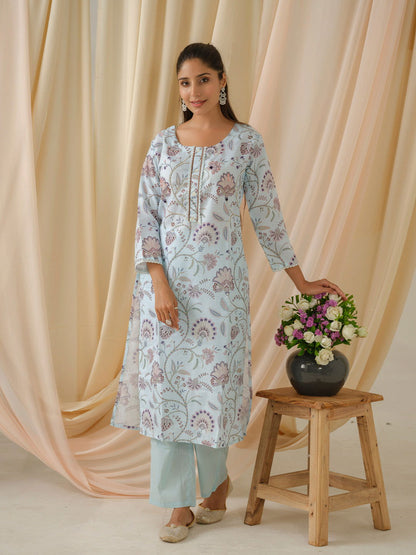 Sea Green & Purple Floral Printed Straight Kurta and Trousers With Dupatta - Buy Best Ethnic Wear for Women & Girls | Daily Woman - 
