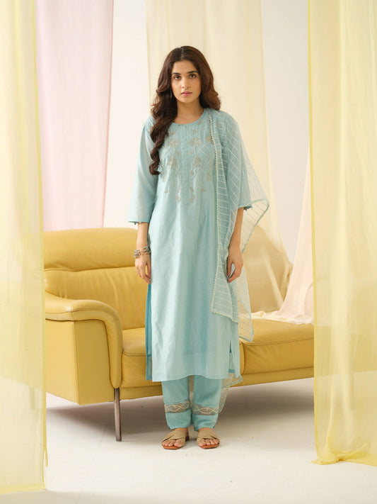 Sea Green Yoke Design Woven Design Straight Kurta and Trousers With Dupatta - Buy Best Ethnic Wear for Women & Girls | Daily Woman - 