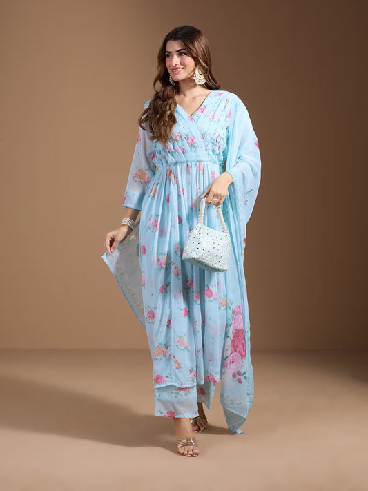 Shiffon Women Floral Printed Regular Kurta with Trousers & With Dupatta - Buy Best Ethnic Wear for Women & Girls | Daily Woman - 