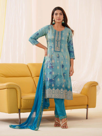 Shimmer Blue Color Woven Design Kurta With Trousers & Dupatta - Buy Best Ethnic Wear for Women & Girls | Daily Woman - 