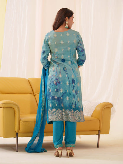 Shimmer Blue Color Woven Design Kurta With Trousers & Dupatta - Buy Best Ethnic Wear for Women & Girls | Daily Woman - 