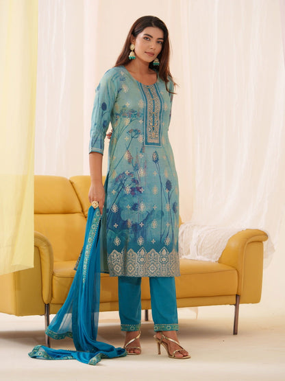 Shimmer Blue Color Woven Design Kurta With Trousers & Dupatta - Buy Best Ethnic Wear for Women & Girls | Daily Woman - 