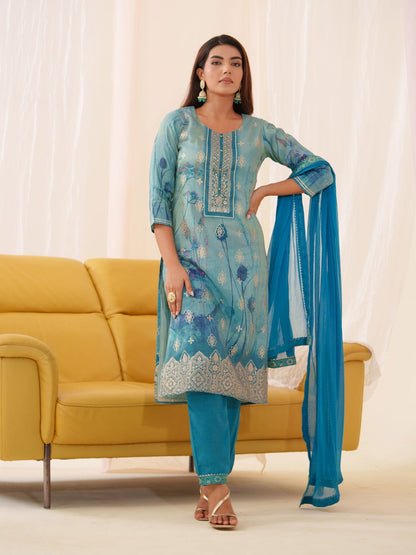 Shimmer Blue Color Woven Design Kurta With Trousers & Dupatta - Buy Best Ethnic Wear for Women & Girls | Daily Woman - 