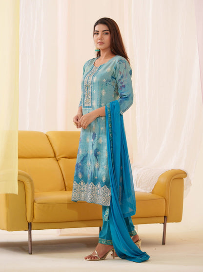Shimmer Blue Color Woven Design Kurta With Trousers & Dupatta - Buy Best Ethnic Wear for Women & Girls | Daily Woman - 