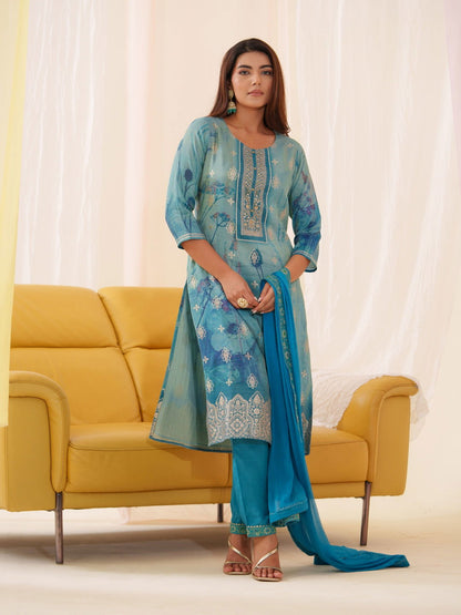 Shimmer Blue Color Woven Design Kurta With Trousers & Dupatta - Buy Best Ethnic Wear for Women & Girls | Daily Woman - 