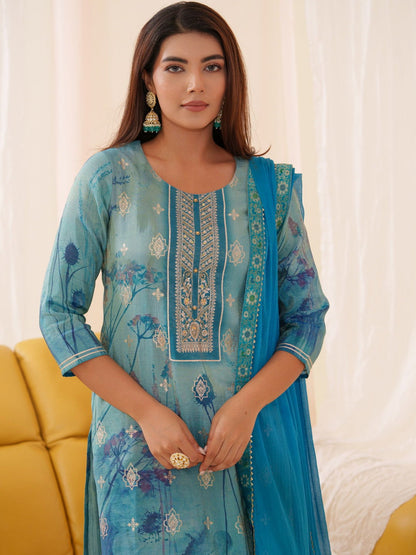 Shimmer Blue Color Woven Design Kurta With Trousers & Dupatta - Buy Best Ethnic Wear for Women & Girls | Daily Woman - 