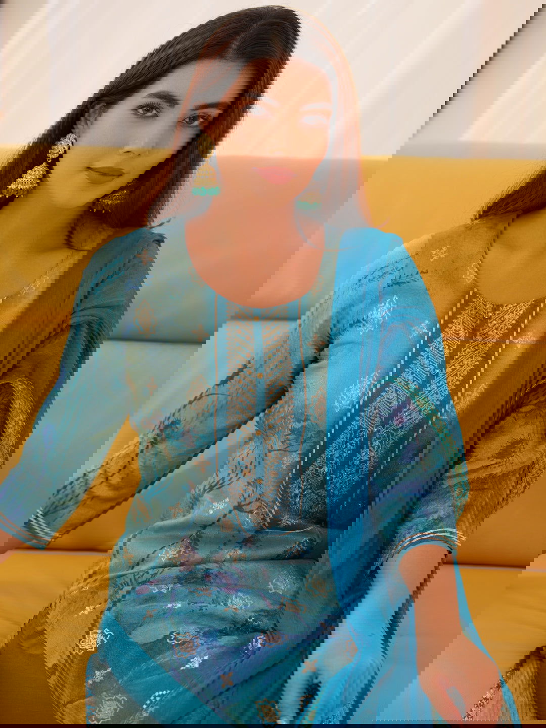 Shimmer Blue Color Woven Design Kurta With Trousers & Dupatta - Buy Best Ethnic Wear for Women & Girls | Daily Woman - 