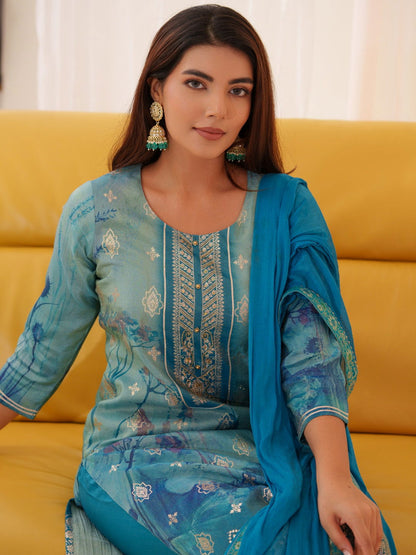 Shimmer Blue Color Woven Design Kurta With Trousers & Dupatta - Buy Best Ethnic Wear for Women & Girls | Daily Woman - 