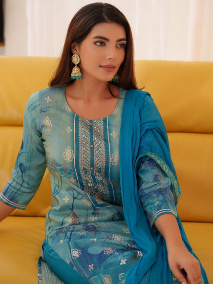 Shimmer Blue Color Woven Design Kurta With Trousers & Dupatta - Buy Best Ethnic Wear for Women & Girls | Daily Woman - 