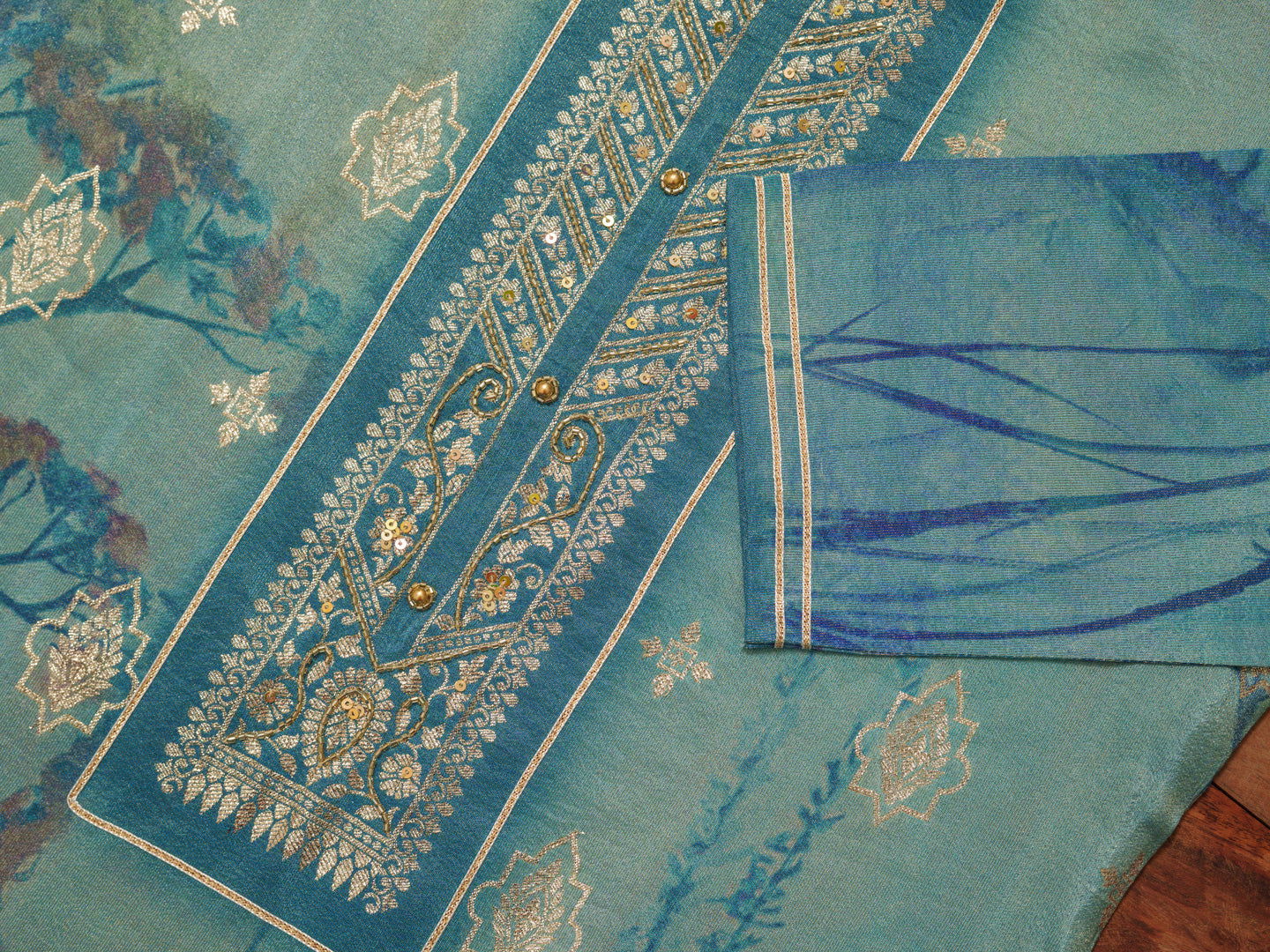 Shimmer Blue Color Woven Design Kurta With Trousers & Dupatta - Buy Best Ethnic Wear for Women & Girls | Daily Woman - 