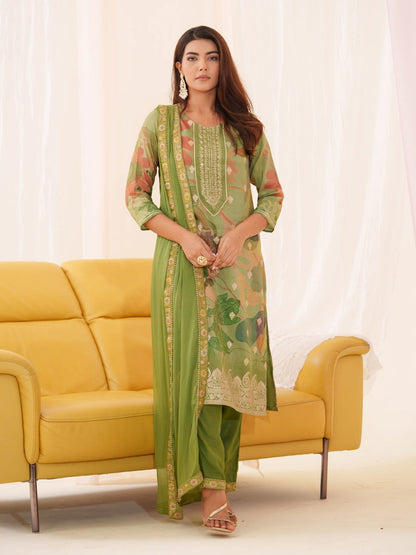Shimmer  Green Color Woven Design Kurta With Trousers & Dupatta - Buy Best Ethnic Wear for Women & Girls | Daily Woman - 