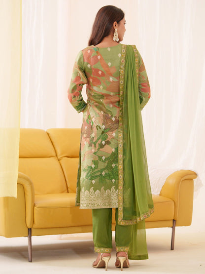 Shimmer  Green Color Woven Design Kurta With Trousers & Dupatta - Buy Best Ethnic Wear for Women & Girls | Daily Woman - 