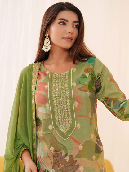 Shimmer  Green Color Woven Design Kurta With Trousers & Dupatta - Buy Best Ethnic Wear for Women & Girls | Daily Woman - 