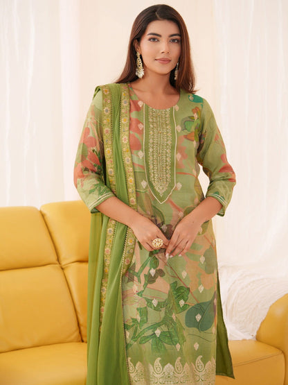 Shimmer  Green Color Woven Design Kurta With Trousers & Dupatta - Buy Best Ethnic Wear for Women & Girls | Daily Woman - 