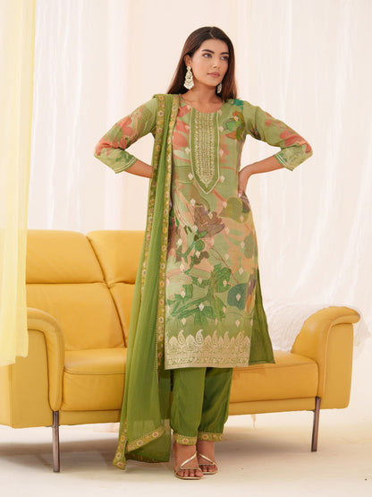 Shimmer  Green Color Woven Design Kurta With Trousers & Dupatta - Buy Best Ethnic Wear for Women & Girls | Daily Woman - 