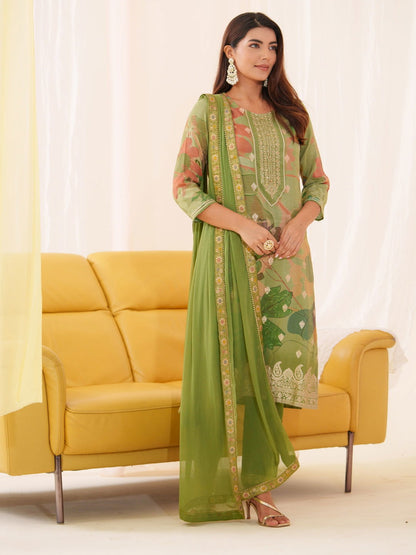 Shimmer  Green Color Woven Design Kurta With Trousers & Dupatta - Buy Best Ethnic Wear for Women & Girls | Daily Woman - 