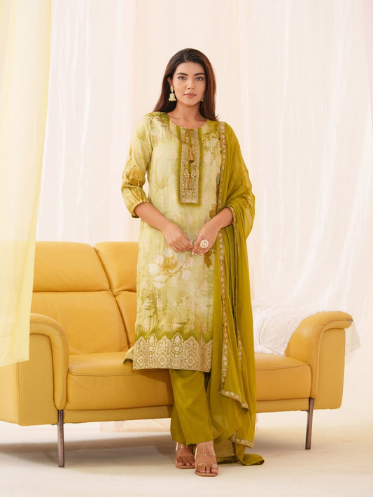 Shimmer Mehndi Color Ethnic Motifs Printed With Embroidered Kurta With Trousers & Dupatta - Buy Best Ethnic Wear for Women & Girls | Daily Woman - 