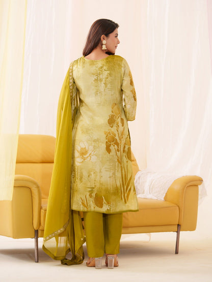 Shimmer Mehndi Color Ethnic Motifs Printed With Embroidered Kurta With Trousers & Dupatta - Buy Best Ethnic Wear for Women & Girls | Daily Woman - 