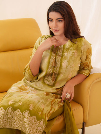 Shimmer Mehndi Color Ethnic Motifs Printed With Embroidered Kurta With Trousers & Dupatta - Buy Best Ethnic Wear for Women & Girls | Daily Woman - 