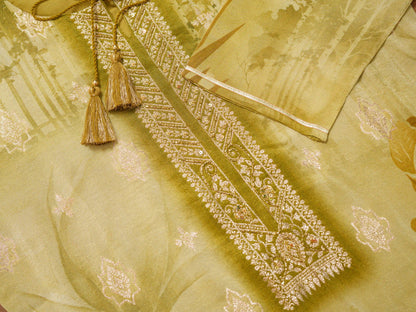 Shimmer Mehndi Color Ethnic Motifs Printed With Embroidered Kurta With Trousers & Dupatta - Buy Best Ethnic Wear for Women & Girls | Daily Woman - 