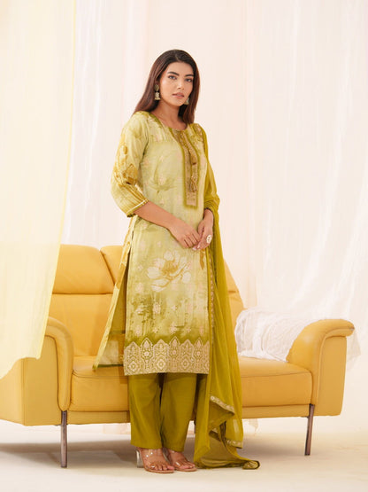 Shimmer Mehndi Color Ethnic Motifs Printed With Embroidered Kurta With Trousers & Dupatta - Buy Best Ethnic Wear for Women & Girls | Daily Woman - 