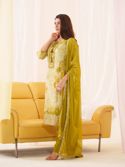 Shimmer Mehndi Color Ethnic Motifs Printed With Embroidered Kurta With Trousers & Dupatta - Buy Best Ethnic Wear for Women & Girls | Daily Woman - 