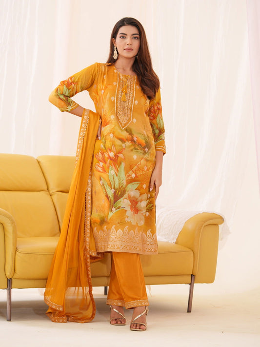Shimmer Mustrad Color Woven Design Kurta With Trousers & Dupatta - Buy Best Ethnic Wear for Women & Girls | Daily Woman - 