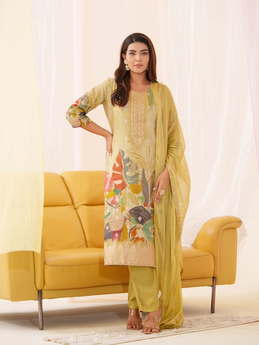 Shimmer Olive Color   Woven Design Kurta With Trousers & Dupatta - Buy Best Ethnic Wear for Women & Girls | Daily Woman - 