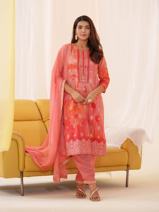 Shimmer Orange Color Woven Design Kurta With Trousers & Dupatta - Buy Best Ethnic Wear for Women & Girls | Daily Woman - 