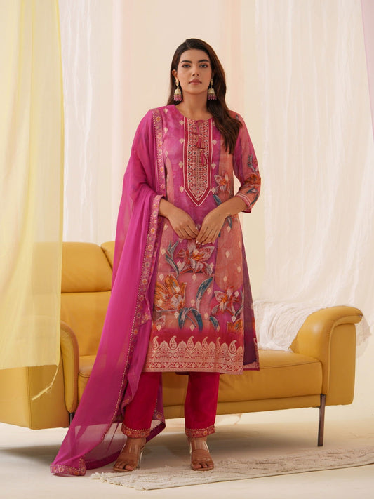 Shimmer Pink Color Woven Design Kurta With Trousers & Dupatta - Buy Best Ethnic Wear for Women & Girls | Daily Woman - 